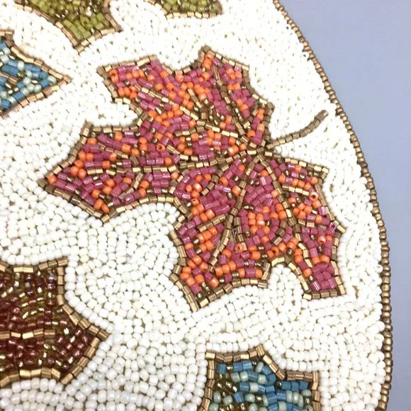 x2 Tahari Fall Maple Leaves Beaded Placemat Set Orange Blue Green Decor 14